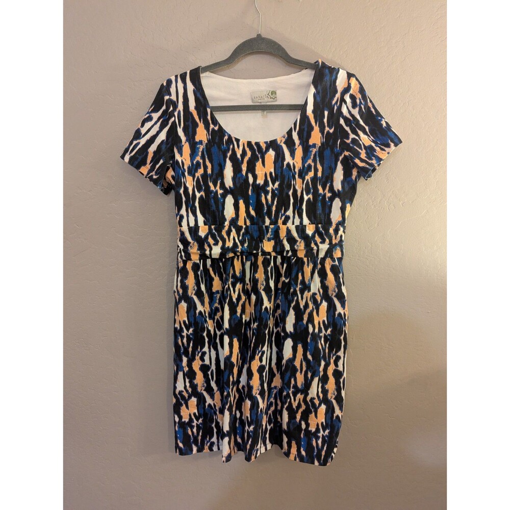 Sahali Women’s M Fit & Flare Abstract Dress Blue Tan White Short Sleeve Knit